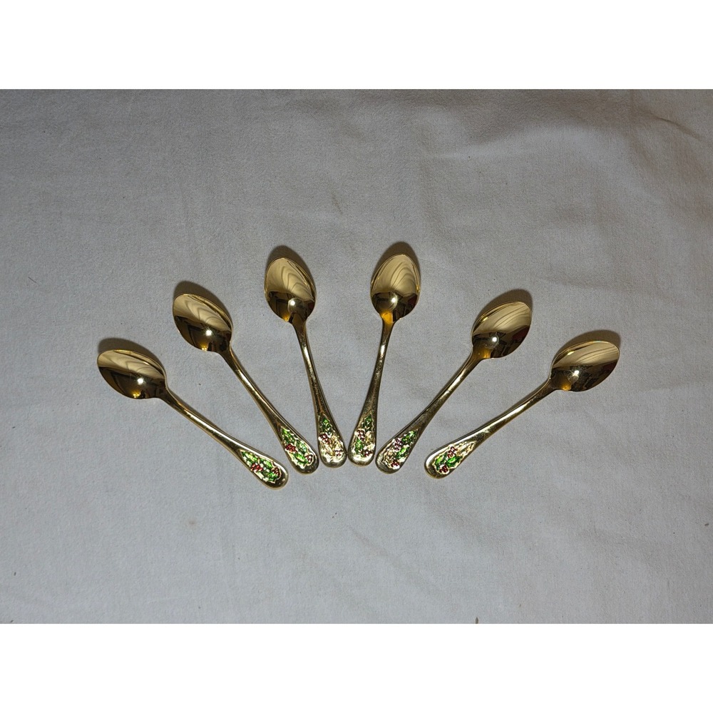 Vintage Gold Plated Christmas Holly Enamel Demitasse Spoons Set of 6 Japan
